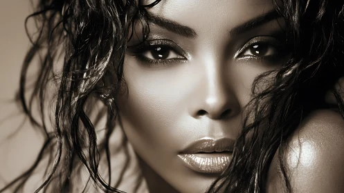 Sepia beauty portrait with glossy lips and wet curls