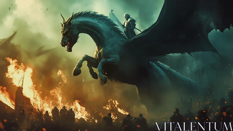 Dragonrider stormbreak over burning siege-torn cityscape.