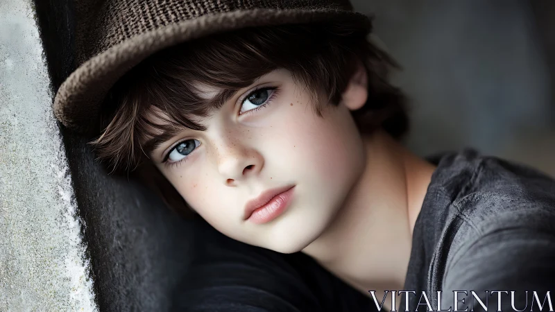 Young Child Portrait: Contemplative Gaze Against Urban Wall.