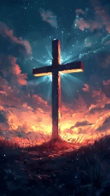 Lone wooden cross glows against fiery twilight sky