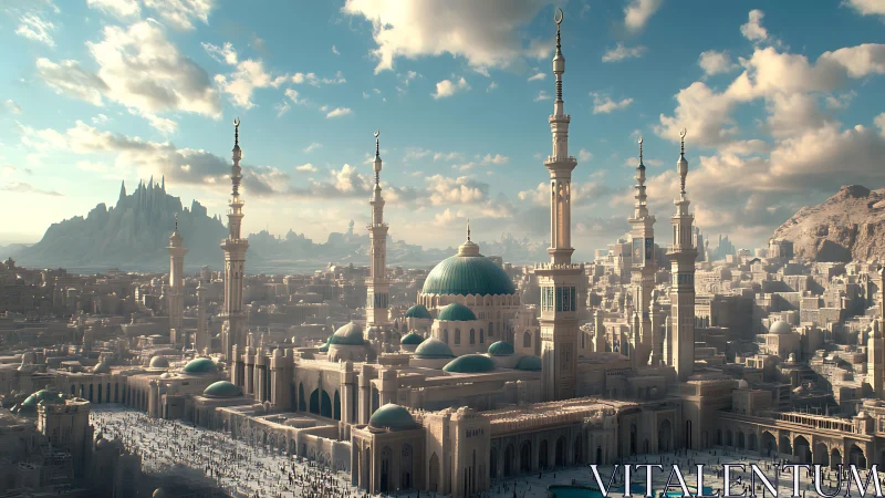 Expansive domed mosque complex with minarets in detailed 3D cityscape