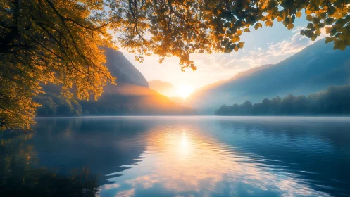 Sunrise over mountain lake framed by glowing autumn trees.