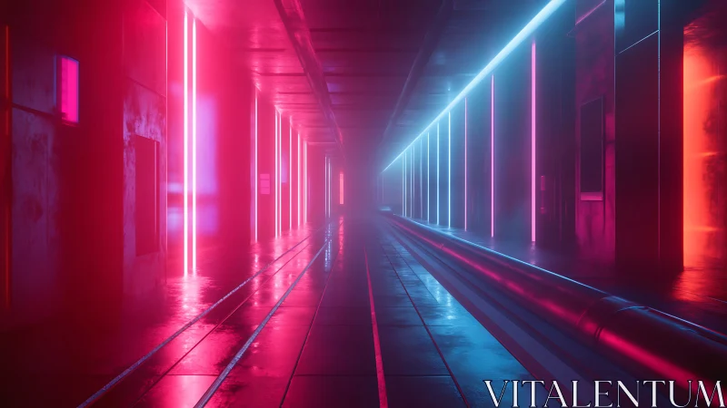 Neon tunnel glows with contrasting cyberpunk corridor lights.