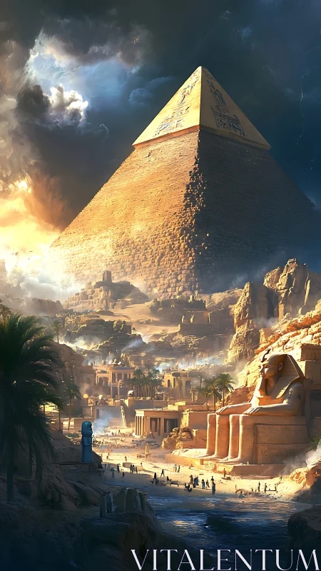 Colossal pyramid dominates ancient desert city under storm