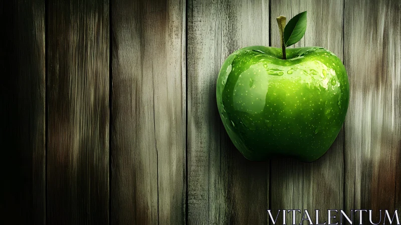 Shiny Green Apple on Rustic Wooden Background, Photorealistic Style.