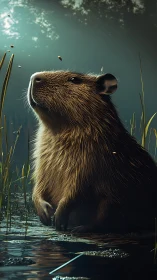 Marshlight philosopher capybara in quiet golden reverie.
