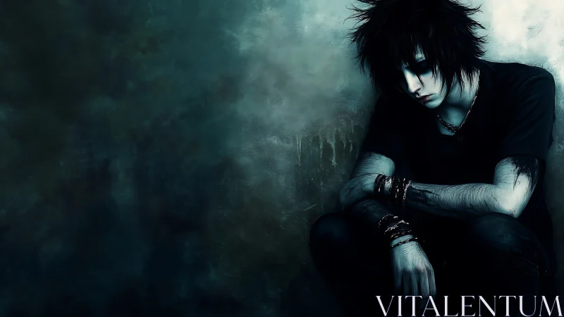 Brooding goth boy in shadowed teal urban corner. Period.