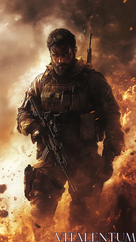 Photorealistic tactical soldier amid cinematic firestorm focus.