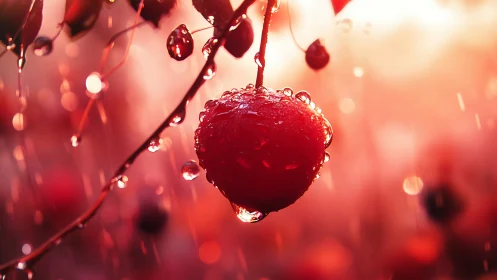 Macro study of dewy red berry in warm backlit rainfall ambiance