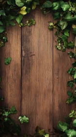 Rustic wooden backdrop framed by gentle curling ivy.