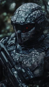 Stealth-clad cyber soldier listens for war in the wet hush