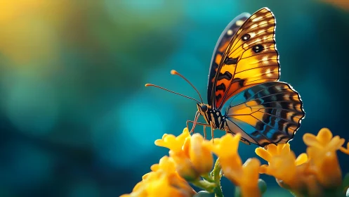 Macro butterfly rests on sunlit yellow blossoms in bokeh field.