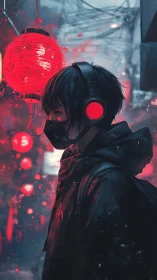 Masked urban wanderer under neon lanterns in cyberpunk alley