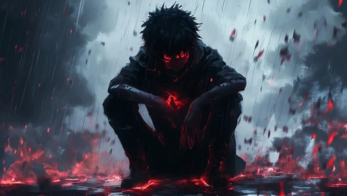 Dark figure harnesses red energy in storm soaked wasteland