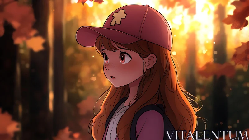 Autumn forest anime girl in pink cap under warm backlight glow.
