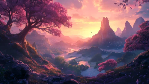 Enchanted valley glows under a radiant fantasy sunset sky.
