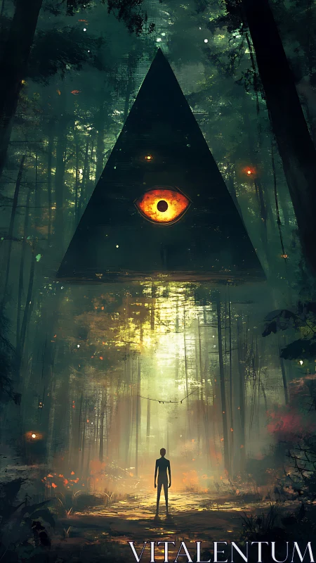 Forest encounter with a glowing all-seeing eye pyramid.