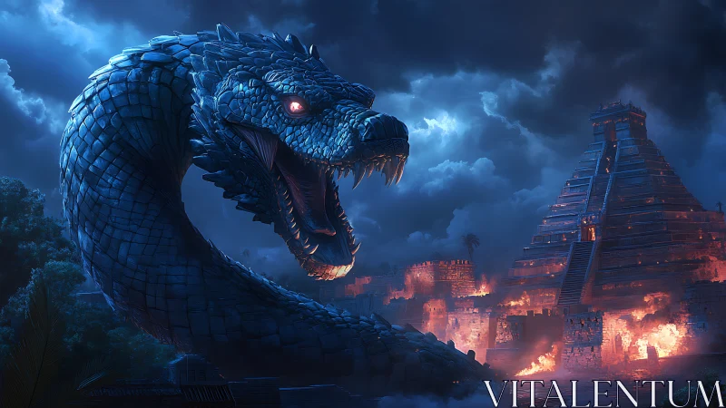 Giant blue-scaled serpent attacks burning Mesoamerican city