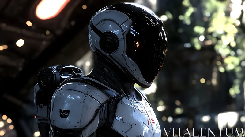 Futuristic astronaut in reflective helmet on alien outpost.