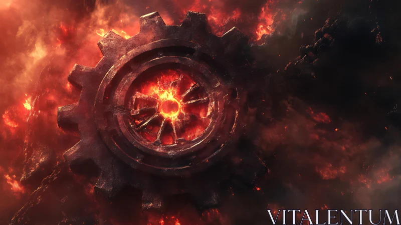 Molten metal gear embedded in fiery volcanic lava.