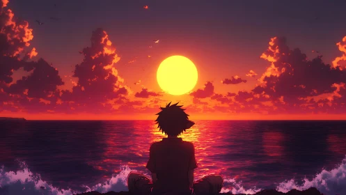 Silhouetted person watches stylized sun set over calm sea