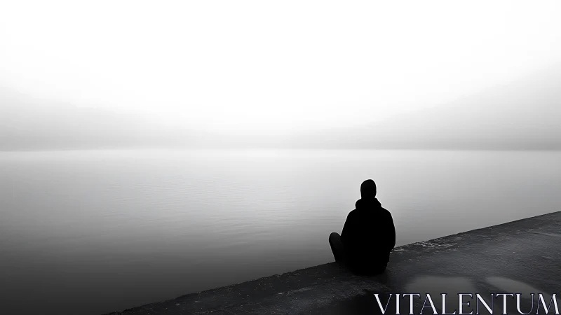 Solitary figure contemplates a misty, boundless shoreline horizon