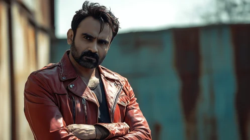 Confident man in a bold red leather jacket outdoors.