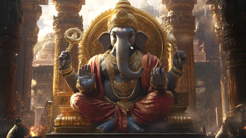 Radiant Ganesha statue sits serenely in a golden temple hall