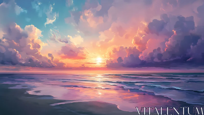 Sunset clouds ignite pastel reflections across tranquil sea.