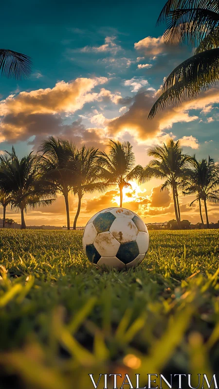 Soccer ball rests on grass field under palm trees at sunset
