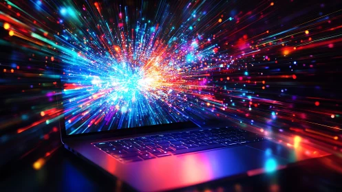 Laptop aperture with radiating photonic data burst field.