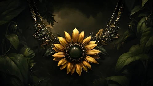 Sunflower gemstone necklace glows through deep forest shadows.