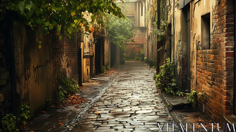 Rain-kissed brick alleyway glows with quiet autumn secrets.