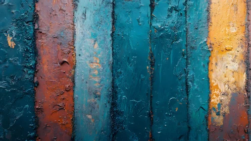 Textured abstract painting with vertical blue, rust, and yellow stripes.