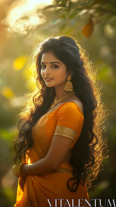 Golden evening portrait of a graceful woman in sari.