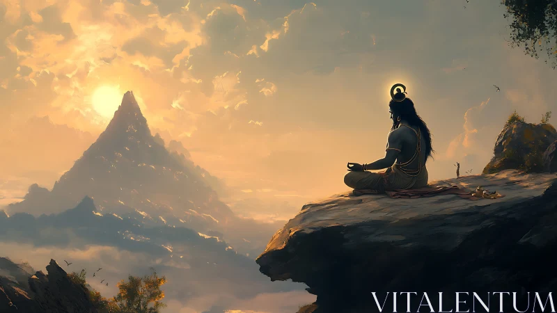 Meditating ascetic overlooking volumetric sunrise mountainscape.