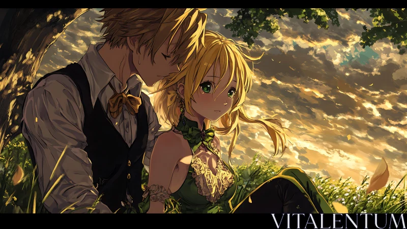 Two seated figures rest under a tree at sunset in grass