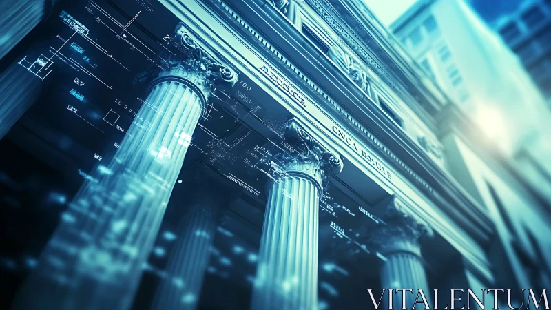 Neoclassical bank facade merges with glowing digital overlays.