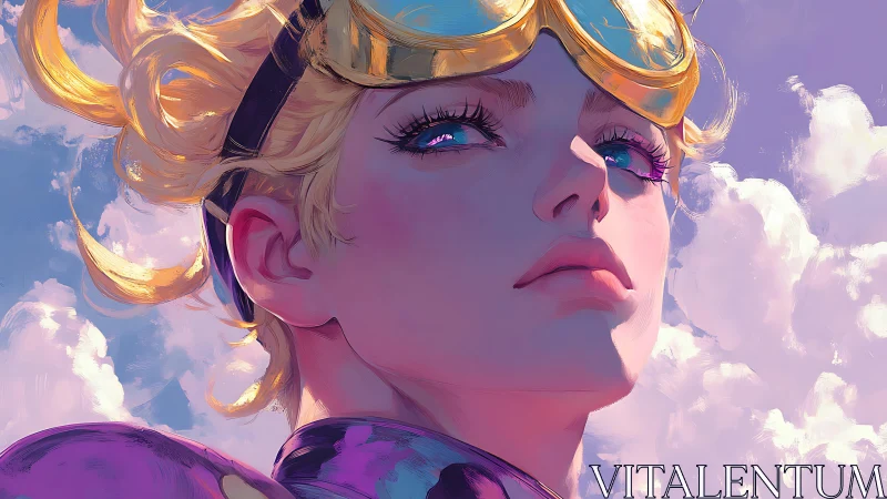 Sky-bright dreamer in golden goggles and pastel light.