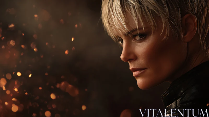 Smoldering gaze captures quiet strength in warm ember light