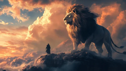 Majestic lion guards stormlit cliff beside cloaked wanderer