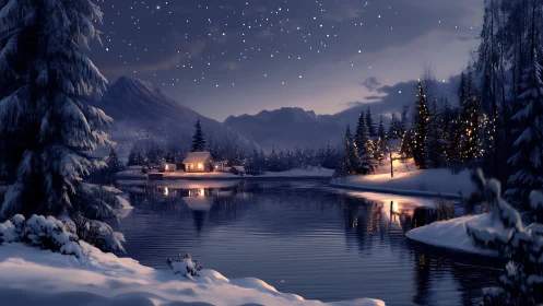 Snow-covered lakeside cabins under clear winter night sky