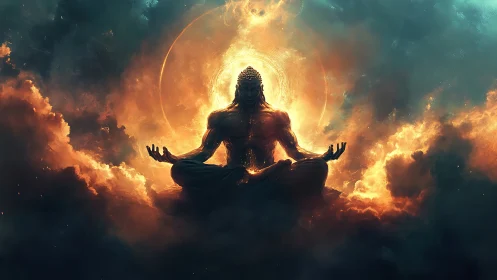 Cosmic monk silhouette radiates blazing celestial aura.