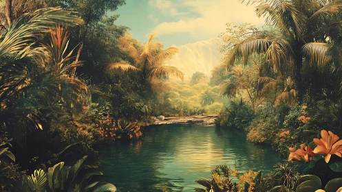 Lush tropical lagoon under warm cinematic golden daylight.