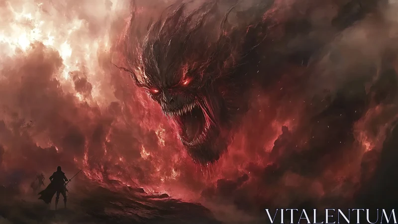 Infernal storm-face bellows down upon a lone dark warrior