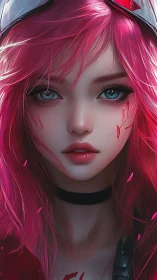 Pink haired anime girl with blue eyes and face scratches.