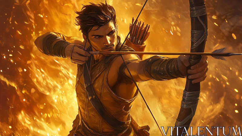 Archer draws a flaming arrow amid dynamic inferno lighting