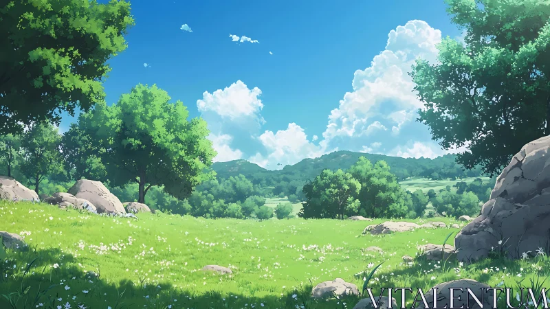 Sunny grassy meadow with trees under deep blue sky