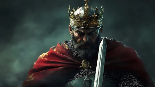 Battle-hardened king in crimson cloak, sword raised forward.