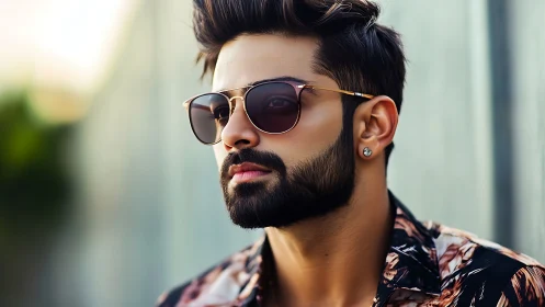 Man with sunglasses and beard stands outdoors in soft light